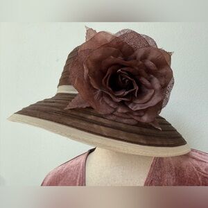 Swan Hat New York Brown Rimmed Hat with Flower and Cream Trim